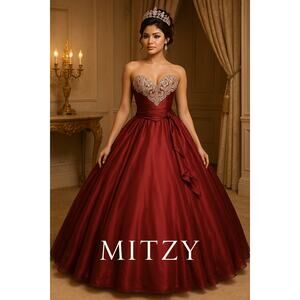 MITZY Designer Quinceañera Prom Ball Gown Burgundy & Silver Beaded Size 8/10